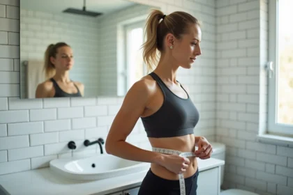 Femme mesurant sa taille avec un mètre ruban dans une salle de bain moderne, symbole du suivi des progrès de perte de poids