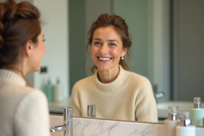 Femme mature regardant son reflet dans un miroir de salle de bain moderne après un lifting discret du visage
