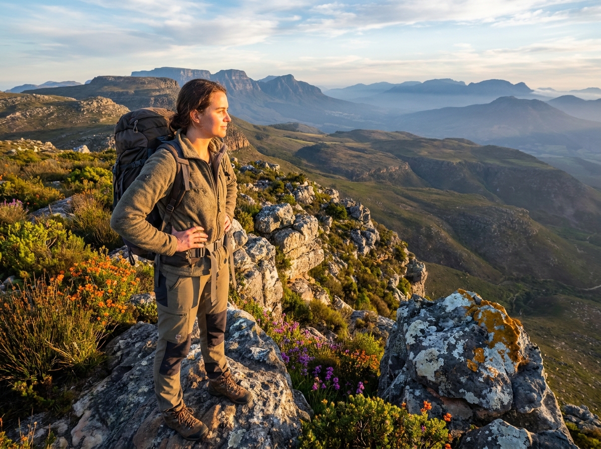 Femme voyageuse seule au sommet d'une montagne contemplant les paysages infinis d'Afrique du Sud