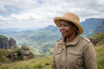 Femme noire en chapeau tressé et veste khaki dans les montagnes