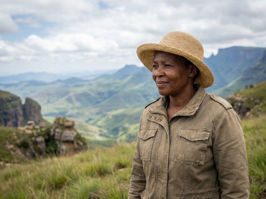 Femme noire en chapeau tressé et veste khaki dans les montagnes