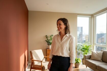 Femme admirant son mur peint en terracotta dans un salon moderne, montrant comment la couleur change l'ambiance de la pièce