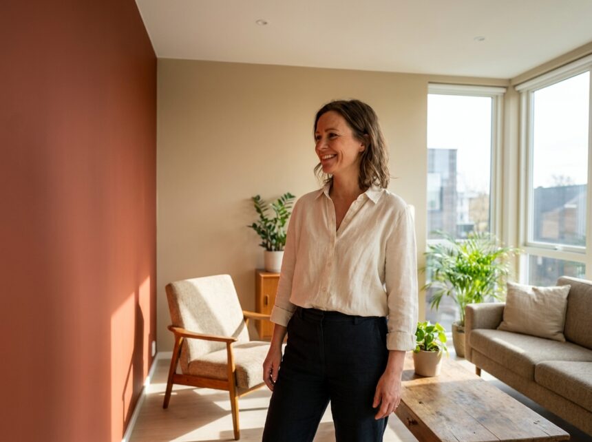 Femme admirant son mur peint en terracotta dans un salon moderne, montrant comment la couleur change l'ambiance de la pièce