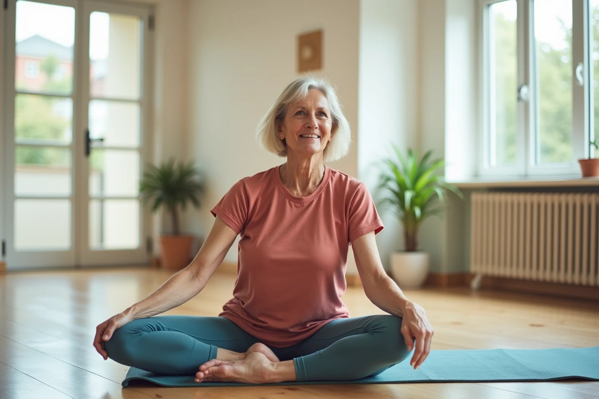 Femme mûre dans une position de pilates montrant flexibilité et force