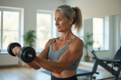 Femme mûre pratiquant la musculation avec haltères dans un gym à domicile lumineux, concentrée sur sa forme physique et son équilibre de vieillissement naturel