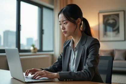 femme professionnelle travaillant sur son ordinateur portable dans un bureau moderne, symbolisant la sécurité en ligne et la protection des données avec un VPN