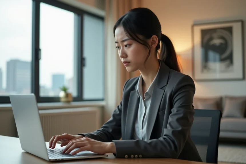 femme professionnelle travaillant sur son ordinateur portable dans un bureau moderne, symbolisant la sécurité en ligne et la protection des données avec un VPN