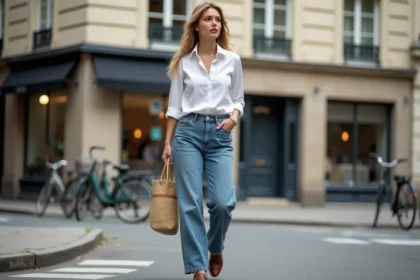 Femme élégante en mode parisien dans la rue