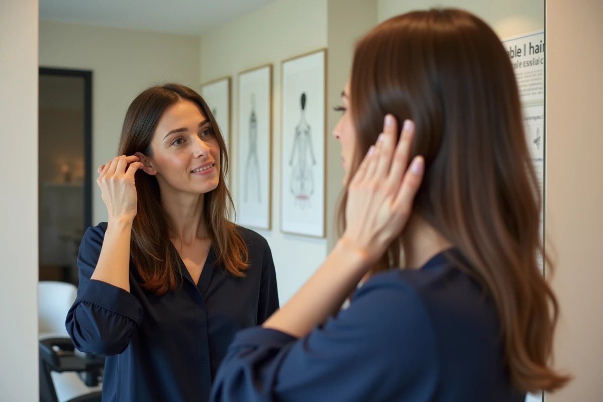 Femme observant sa chute de cheveux dans un miroir professionnel dans une clinique capillaire à Toulon