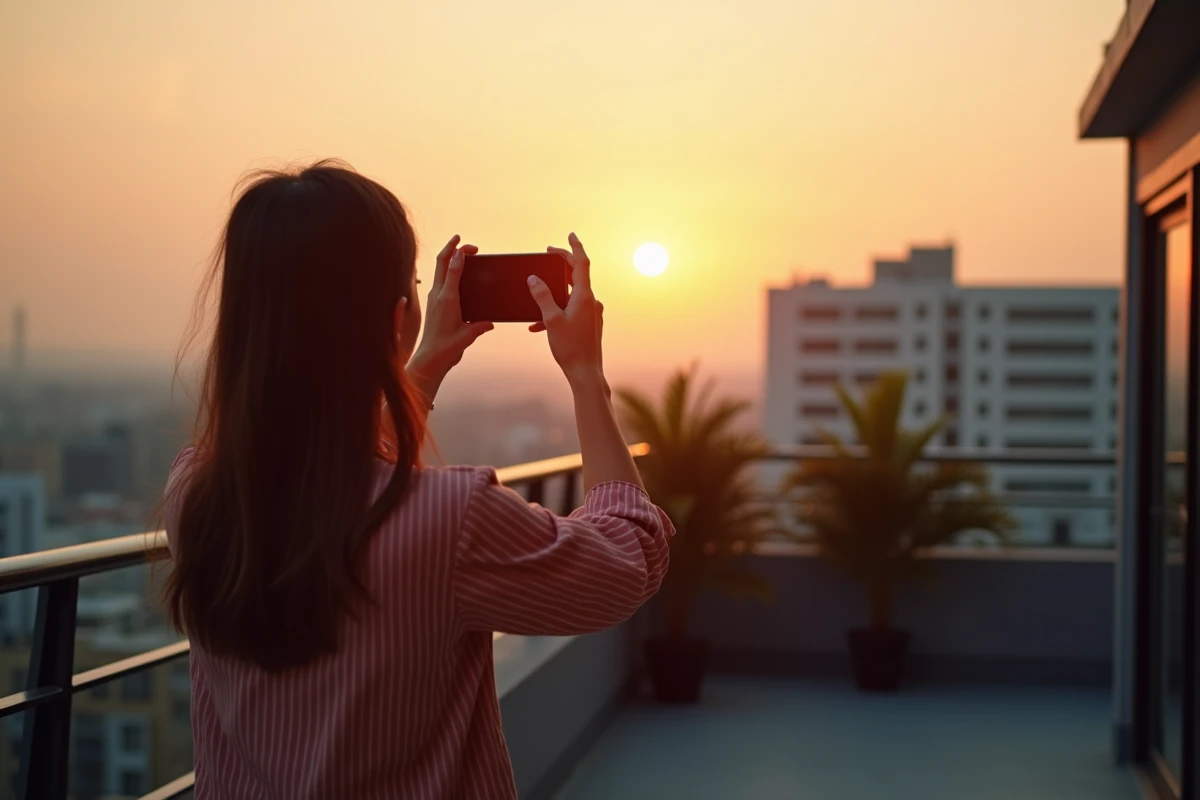 Femme utilisant un smartphone pour capturer un coucher de soleil depuis une terrasse urbaine