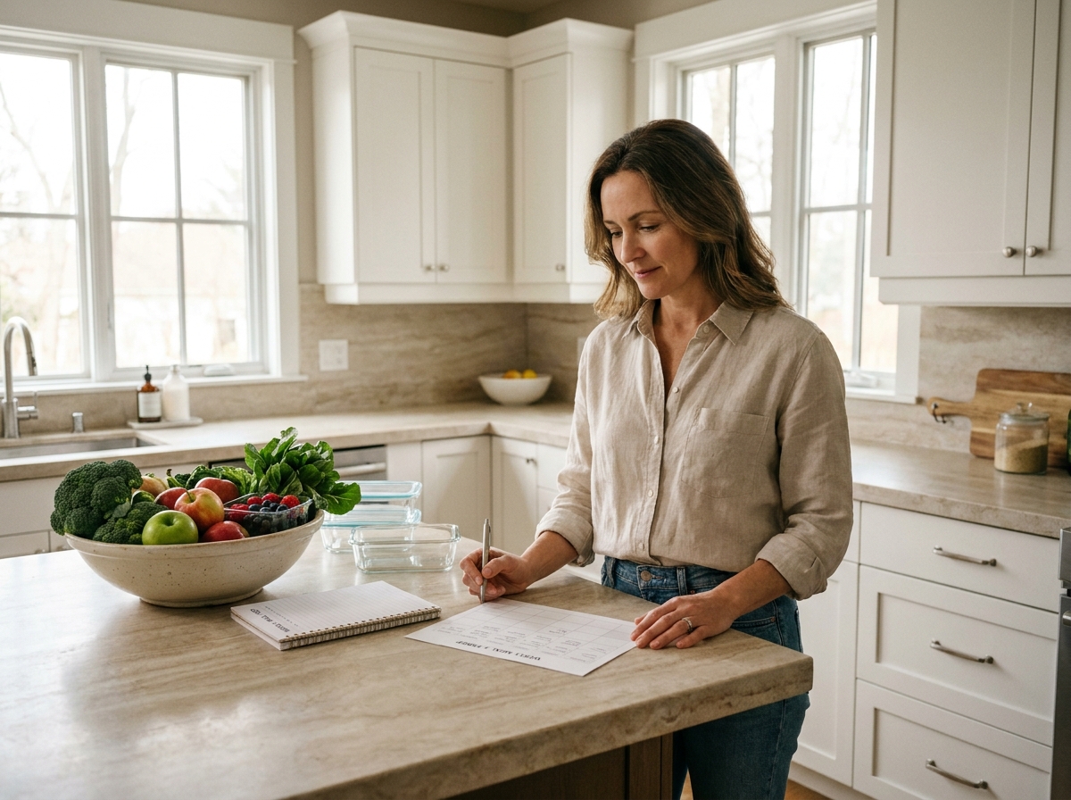 Femme observant son planning de sevrage avec aliments sains organisés pour réussir son arrêt du cannabis