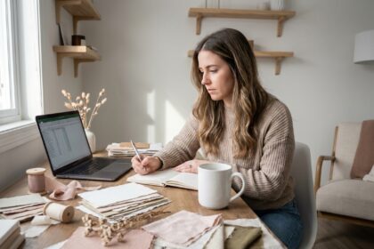 jeune femme préparant sa décoration mariage en ligne sur son ordinateur portable, entourée d'échantillons et nuanciers couleur à son bureau