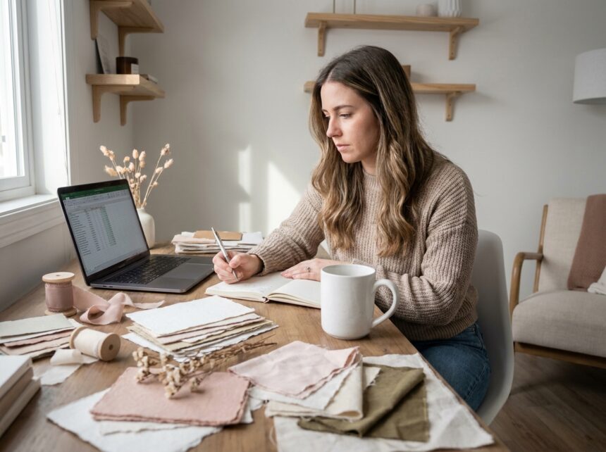 jeune femme préparant sa décoration mariage en ligne sur son ordinateur portable, entourée d'échantillons et nuanciers couleur à son bureau