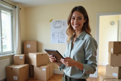 Femme professionnelle souriante avec tablette planifiant son déménagement à Neuilly-sur-Seine parmi des cartons organisés dans un appartement moderne