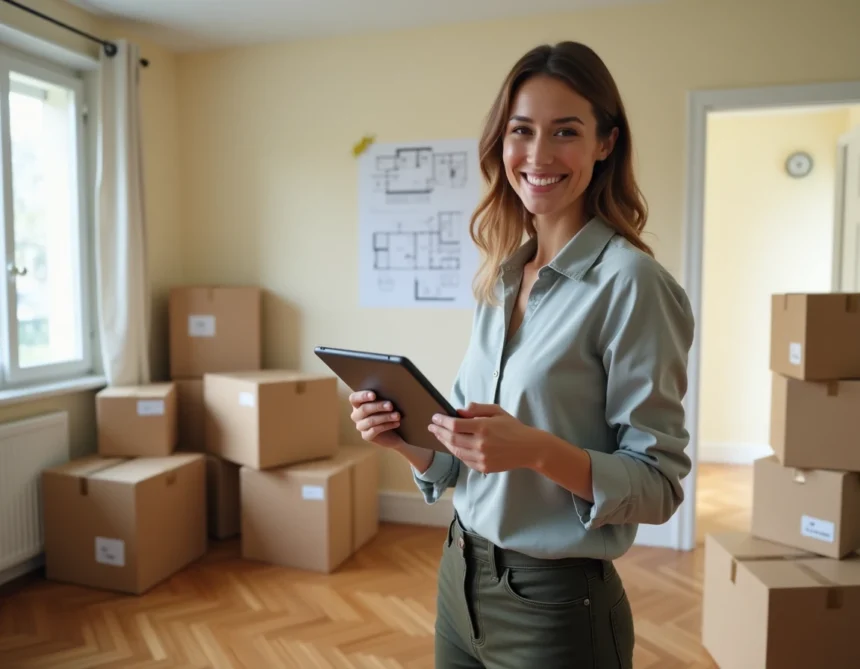 Femme professionnelle souriante avec tablette planifiant son déménagement à Neuilly-sur-Seine parmi des cartons organisés dans un appartement moderne