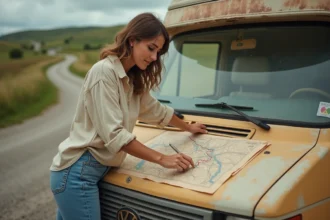 Femme planifiant un road trip sur une carte routière posée sur un van vintage dans la campagne