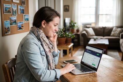 Jeune femme planifiant un voyage avec son ordinateur portable