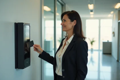 Femme en tenue professionnelle utilisant un système de pointeuse digitale au travail pour enregistrer son arrivée