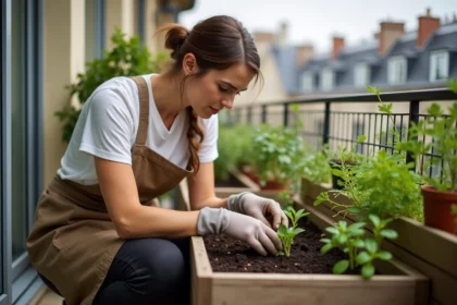 femme cultivant des plants dans un potager carré surélevé sur un balcon d'appartement urbain
