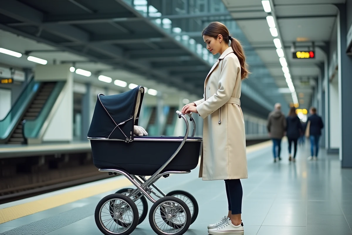 Femme avec poussette classique traditionnelle en gare moderne en milieu urbain, comparaison modèles de poussettes
