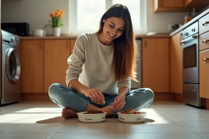 femme préparant les repas équilibrés et économiques de son chien et son chat avec des ingrédients naturels à la maison