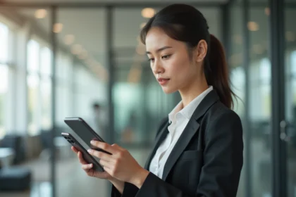 Femme professionnel tenant un smartphone premium dans un bureau moderne et lumineux
