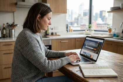 Femme assise à la cuisine recherche vols en ligne