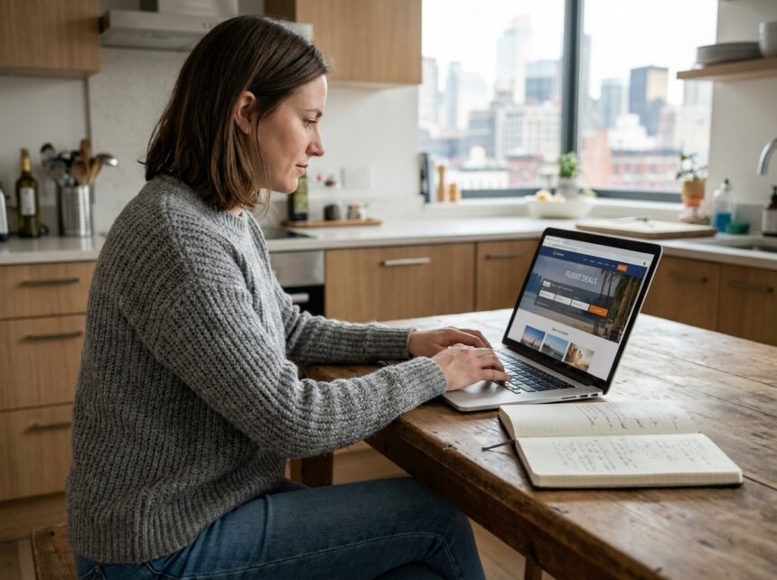 Femme assise à la cuisine recherche vols en ligne