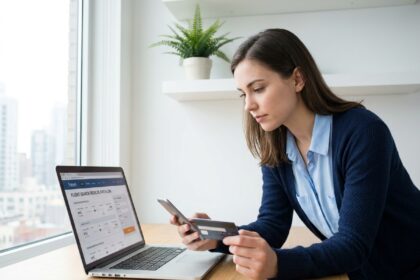 Femme jeune cherchant des vols moins chers sur son ordinateur portable avec une carte bancaire