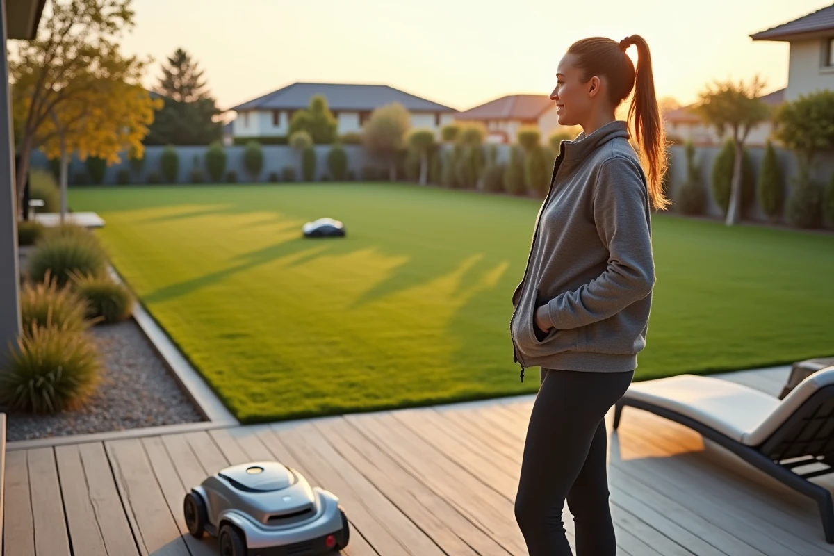 femme observant son robot tondeuse autonome fonctionnant dans un grand jardin résidentiel moderne