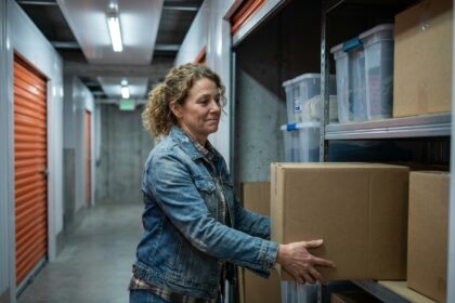 Femme stockant des cartons dans un box de self-stockage à Rennes, unités de rangement organisées