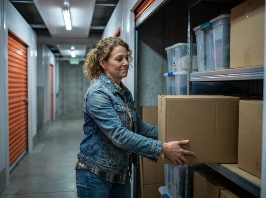 Femme stockant des cartons dans un box de self-stockage à Rennes, unités de rangement organisées