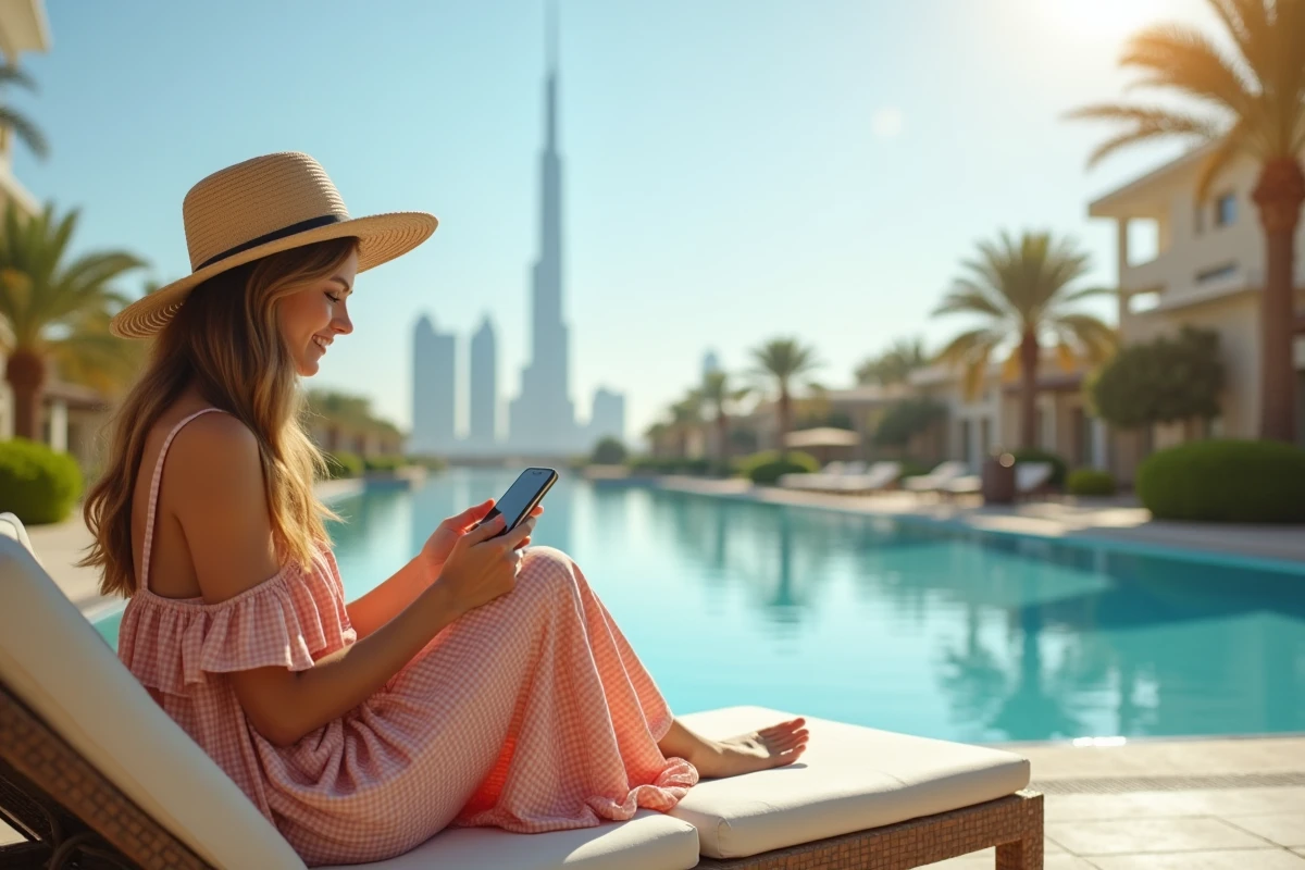 Femme détendue dans un resort de Dubai avec smartphone