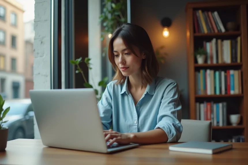 Femme consultant un site de réservation de voyage en ligne sur un ordinateur portable dans un bureau à domicile moderne