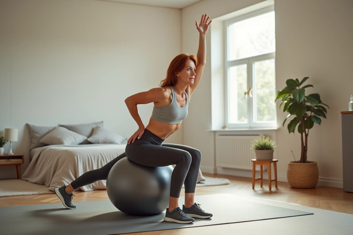 Femme d'âge mûr pratiquant l'entraînement de résistance avec ballon de stabilité, illustrant un vieillissement naturel et actif en équilibre