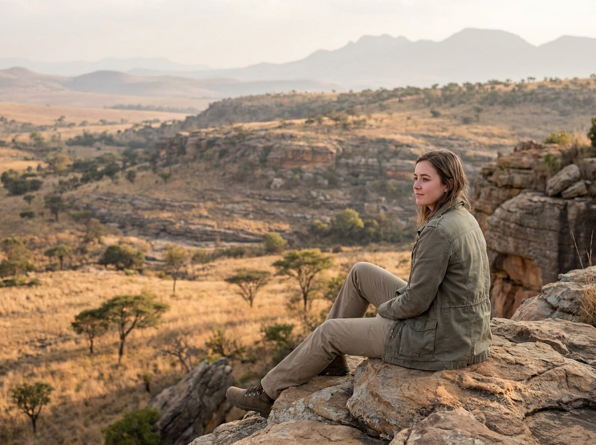 femme contemplative assise sur rocher avec vue panoramique des grands espaces sud-africains