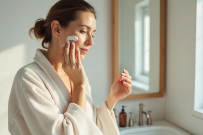 femme appliquant une crème hydratante douce sur son visage sensible dans une salle de bain minimaliste avec produits de soins naturels