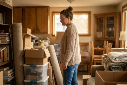 femme d'âge moyen dans un salon encombré avec des cartons de stockage et des meubles empilés, illustrant le surencombrement domestique