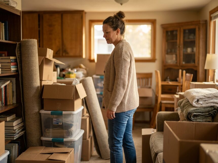 femme d'âge moyen dans un salon encombré avec des cartons de stockage et des meubles empilés, illustrant le surencombrement domestique