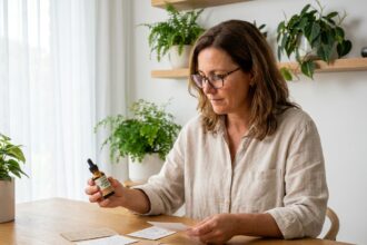 femme d'âge moyen consultant une bouteille d'huile CBD à son bureau pour choisir le bon produit