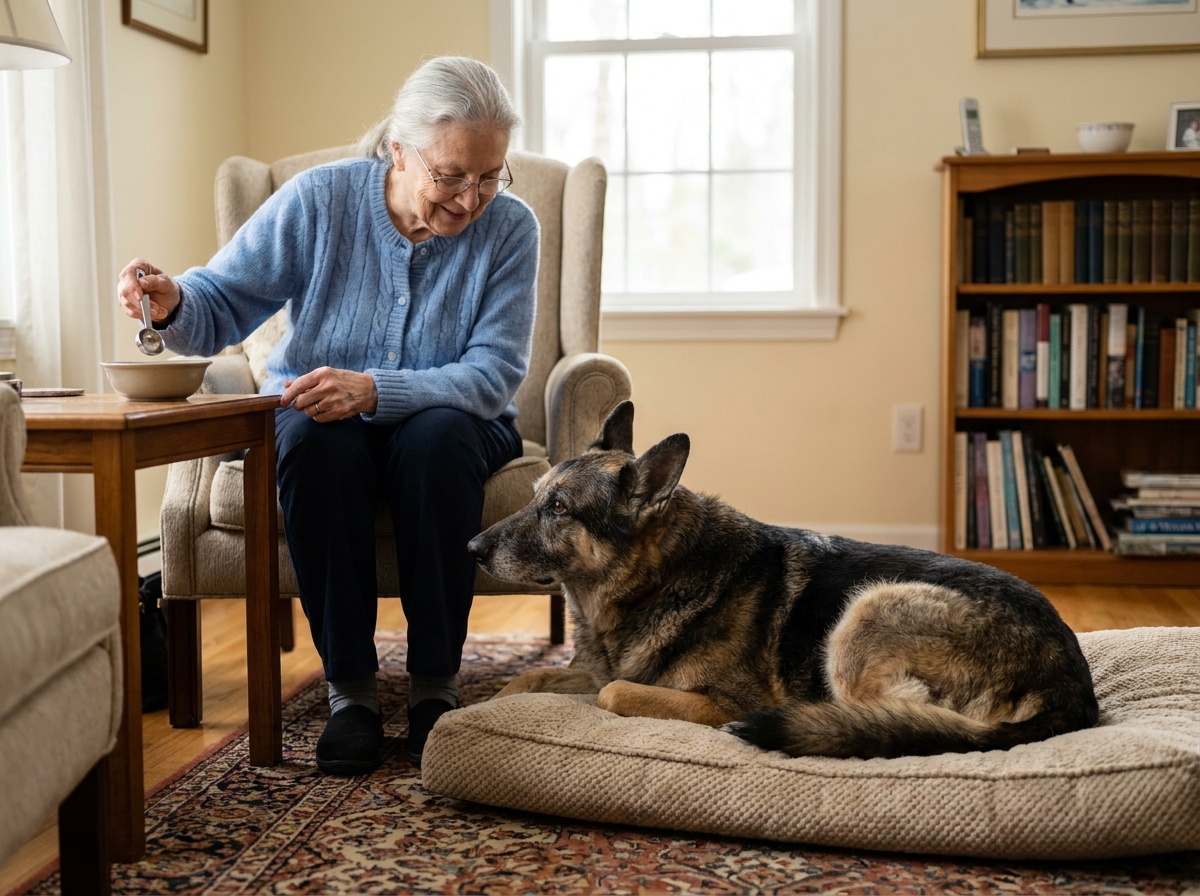 femme senior donnant un soin nutritionnel à son chien berger allemand âgé