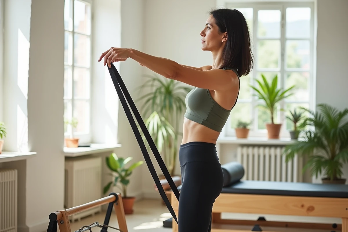 Femme senior effectuant un étirement latéral au pilates avec sangle de reformer en studio lumineux