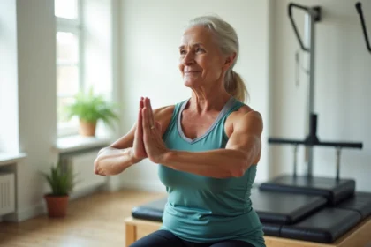 Femme senior de plus de 50 ans pratiquant le pilates sur un reformer dans un studio lumineux