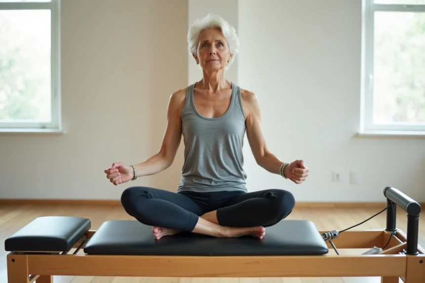 Femme senior de plus de 50 ans pratiquant le pilates sur une machine de reformage dans un studio lumineux
