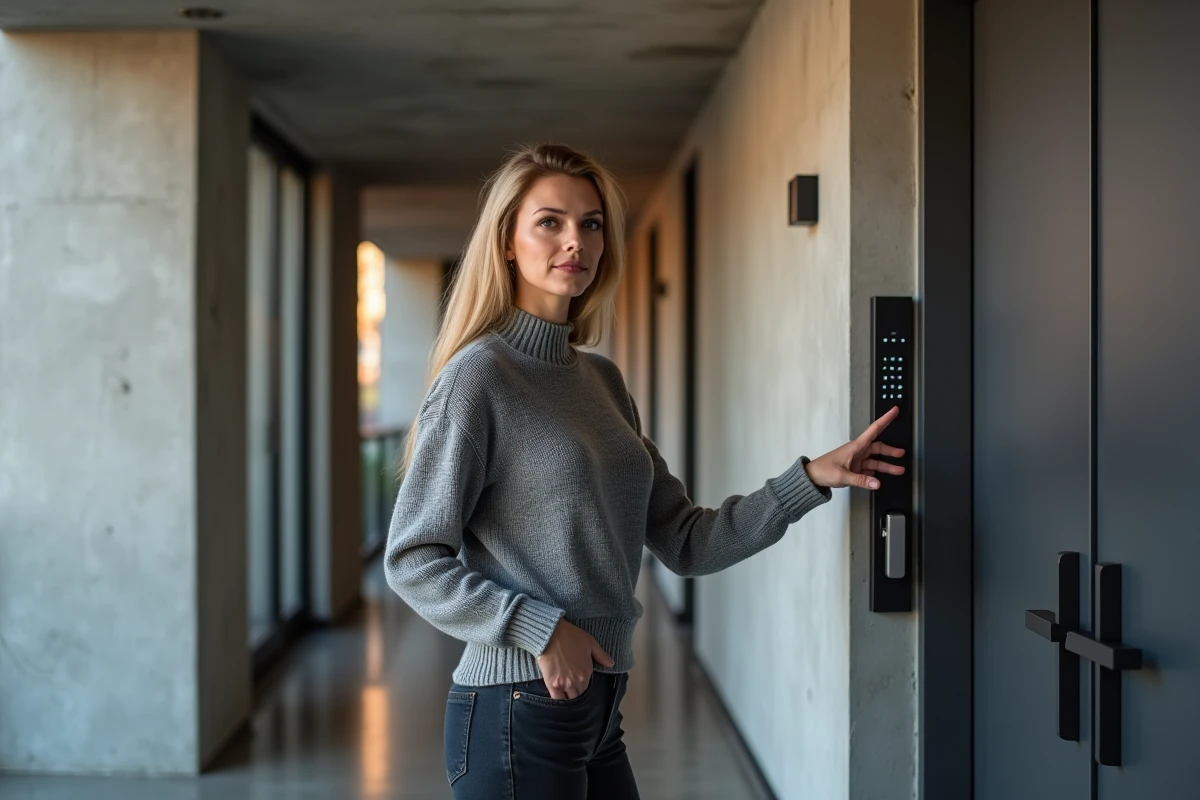 Femme testant un système de serrure connectée avec clavier numérique sur la porte d'un appartement moderne