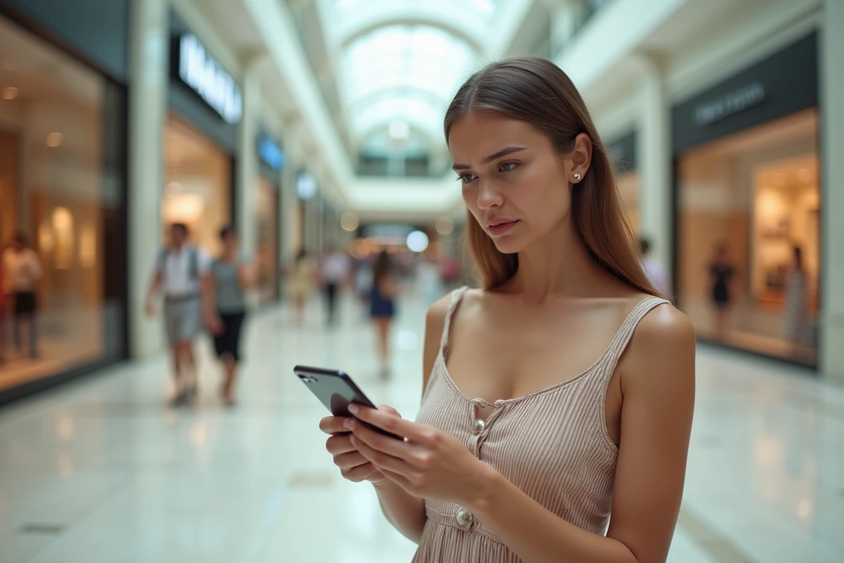 Femme voyageuse consultée confirmation de réservation sur téléphone, centre commercial moderne de Dubaï en arrière-plan