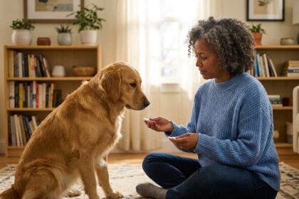 Femme offrant un supplément à son chien dans un salon chaleureux