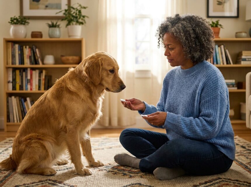 Femme offrant un supplément à son chien dans un salon chaleureux