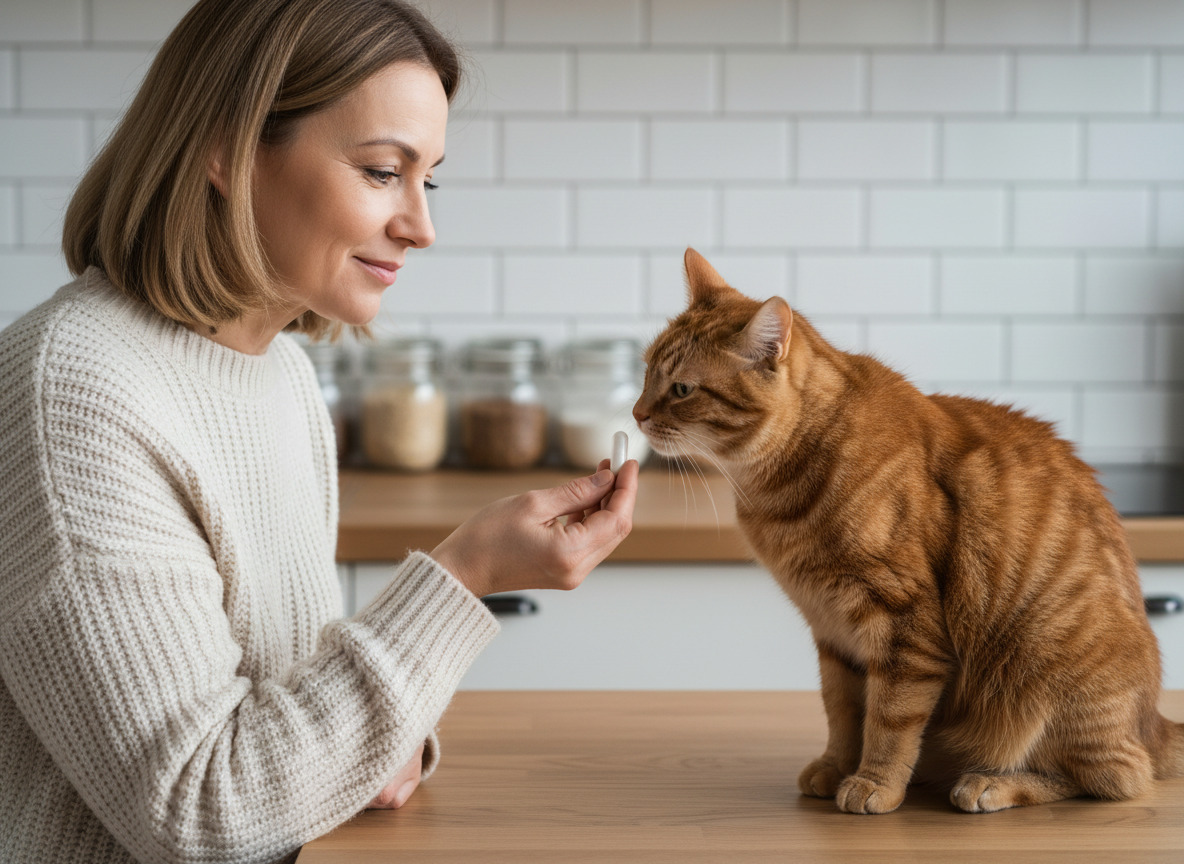 Femme offrant un complément alimentaire à son chat dans une cuisine chaleureuse