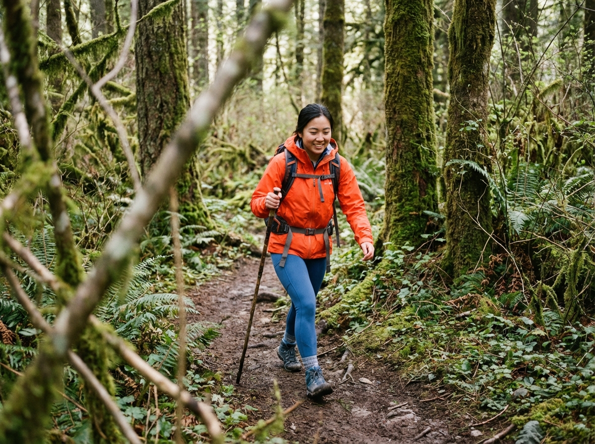 Femme dynamique sur le GR34 en forêt